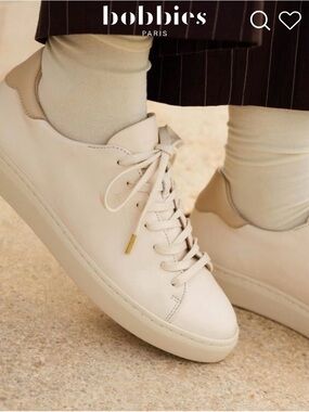 Leather Lace-Up Sneakers in Off-White with Mint Heel